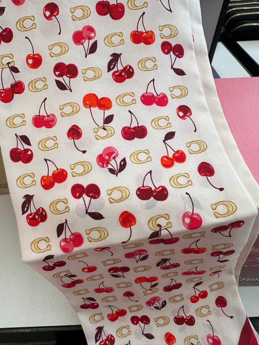 NWT! Coach CDG77 Sculpted C Cherries Print Silk Wide Skinny Scarf In Chalk Red - Picture 3 of 8